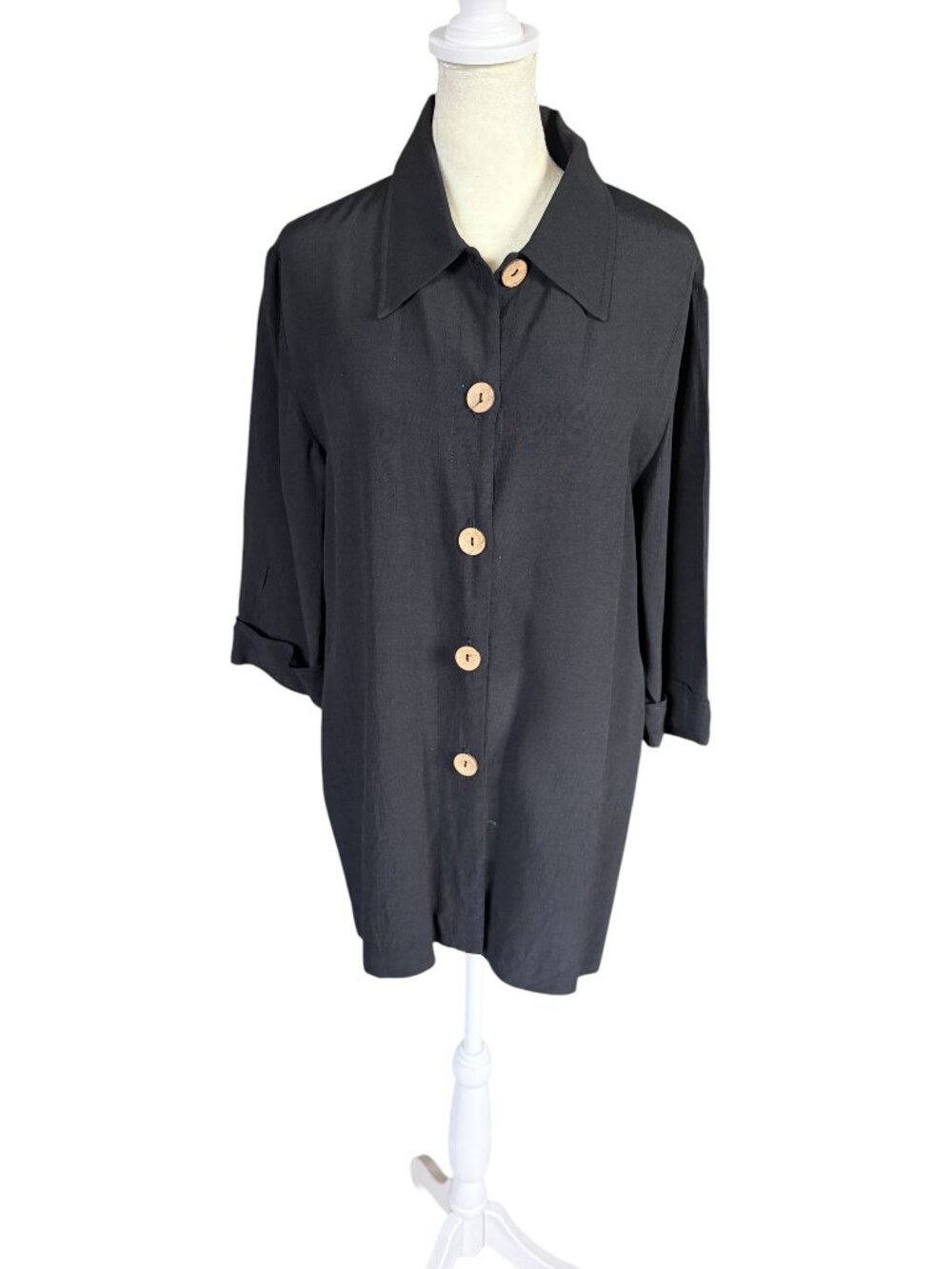 D.J. Summers black 3/4 sleeve button down collared tunic top women's size 8